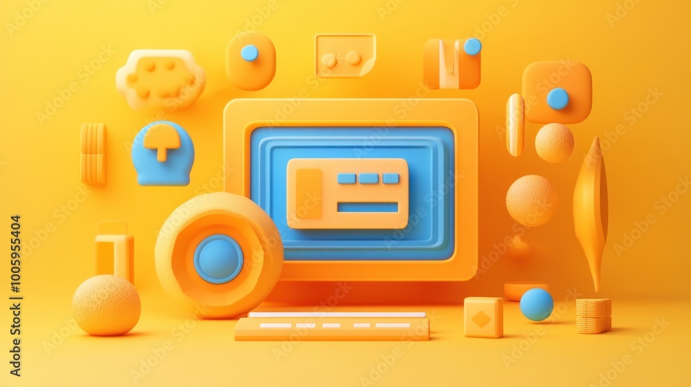 Poster a colorful 3d composition of geometric shapes and objects against a vibrant orange background.