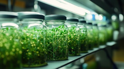 Jars containing growing plants in a controlled environment for research or cultivation.