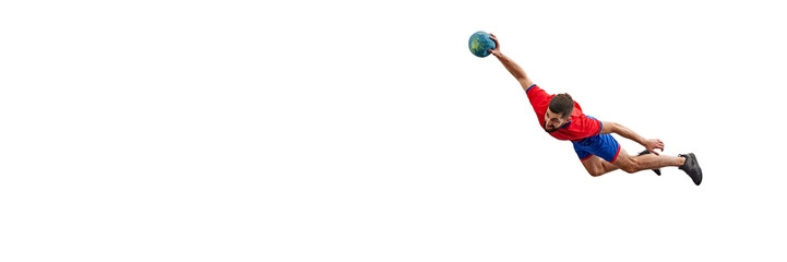 Muscular man, athlete, handball player in red and blue uniform in motion, catching ball in mid-air...