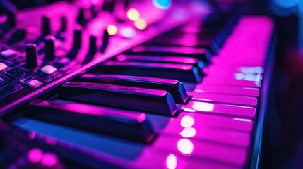 A close-up of a keyboard illuminated with vibrant purple and blue lights.