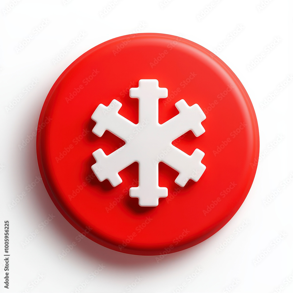 Poster red button with white snowflake design on a circular surface