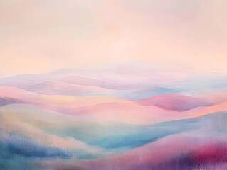 Surreal pastel toned panorama of an undulating terrain in muted shades of pink blue and purple with a hazy ethereal ambiance and abstract expressionist brushwork