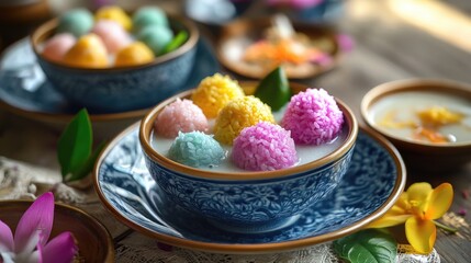 A colorful assortment of "Bua Loy" (floating lotus), bright pastel-colored rice balls floating in warm coconut milk, served in a traditional Thai ceramic bowl.