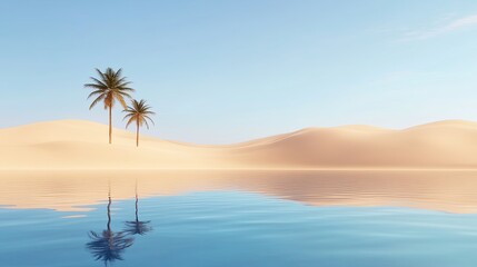 Tranquil desert landscape with palm trees reflecting in calm water under a clear blue sky, perfect for relaxation themes.