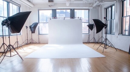 A photography studio with lighting equipment and a clean backdrop for photo shoots.