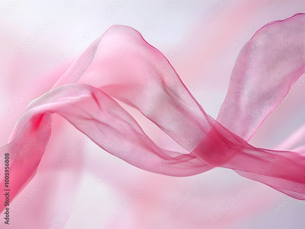 Poster Ethereal Pink Ribbon Floating in Graceful Suspension Symbolic of Life s Fragility and Resilience  Delicate Filament Drifting Effortlessly Refracting Light Through Sheer Material in a Soft Diffused
