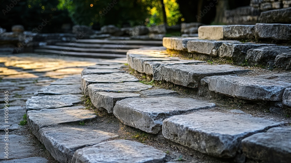 Poster Stone steps winding through a serene outdoor setting, illuminated by soft sunlight.