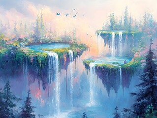 Enchanting Floating Isles in Pastel Dreamscape with Cascading Waterfalls and Fantastical Flora   Mystical and Ethereal Landscape with Impressionist Brushwork Technique and Romantic Era Aesthetic