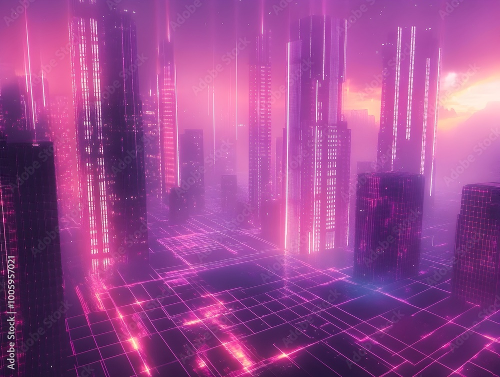 Poster mesmerizing neon drenched futuristic landscape featuring gleaming skyscrapers floating architecture 