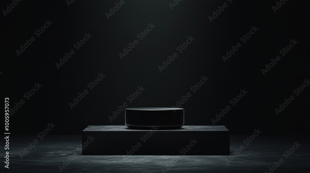 Poster a minimalistic display featuring a circular object on a pedestal in a dark environment.