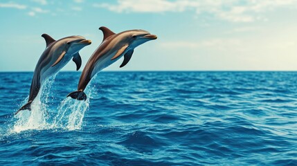Two dolphins gracefully leap above the tranquil ocean waters, showcasing their agility and playful nature against a clear blue sky.