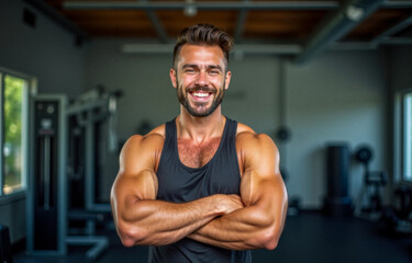 Fototapeta premium Smiling fitness trainer with muscular arms, standing confidently in gym environment. promoting healthy lifestyle. Fitness facility background with modern workout equipment visible