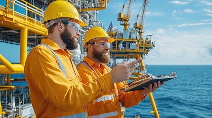 Two engineers in hard hats collaborate on an oil rig, analyzing data against a backdrop of ocean and machinery.