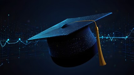 Power to determine your destiny via education is depicted in this abstract digital artwork of an open graduation cap comprised of luminous lines and dots that is floating above a network grid on a dar