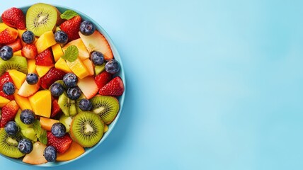 A vibrant bowl of fresh fruit, including strawberries, kiwi, blueberries, and melons, set against a light blue background.