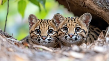 Naklejka premium Two playful ocelot kittens peek out from their cozy hiding spot, showcasing their distinctive spots and curious expressions.