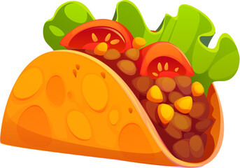 Cartoon Mexican tacos fast food. Isolated vector tex mex fastfood snack. Traditional meal of Mexico, takeaway latin dish made of corn or wheat tortilla with grilled chicken meat and fresh vegetables