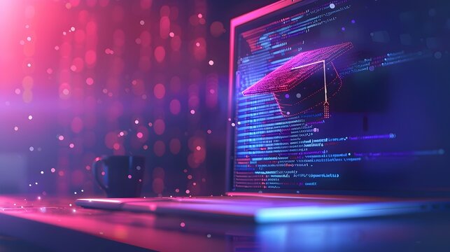 Floating Cap over Innovative Computer Code Display Symbolizing Software Development and Innovation