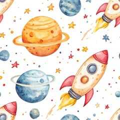 Cute Baby Space Pattern in Watercolor Style