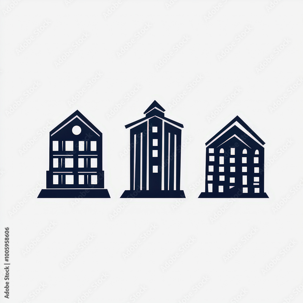 Poster three stylized buildings with different architectural designs in minimalistic form