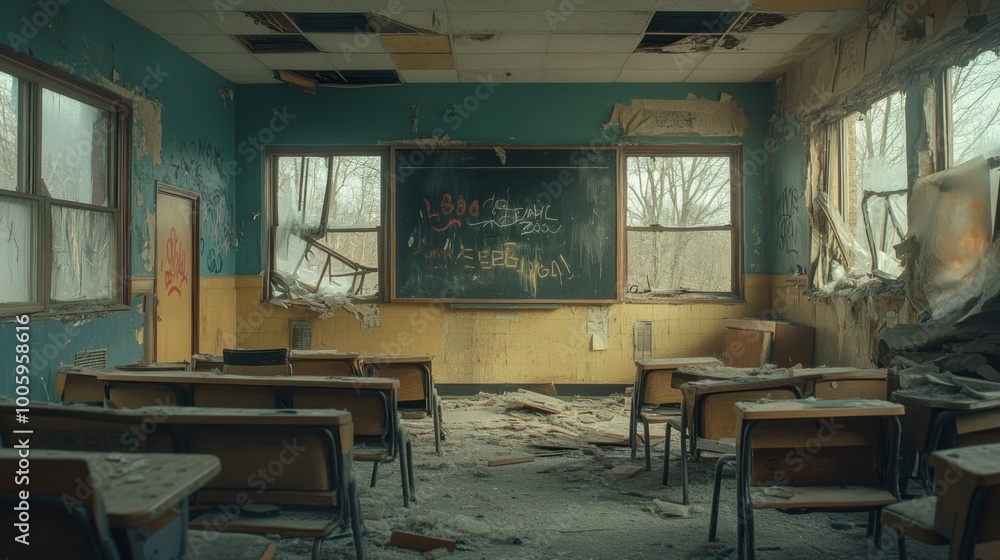 Wall mural An abandoned classroom with broken furniture and a chalkboard, evoking a sense of decay.