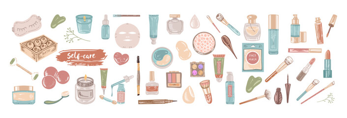 A set of flat style sketches of cosmetics, beauty, self-care, spa elements.  Illustration for beauty salon, cosmetic store, makeup design. Engraved image.