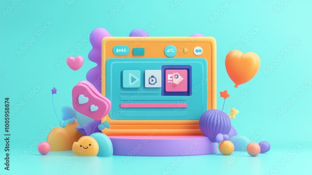 Poster a colorful 3d illustration of a playful media player interface surrounded by cheerful shapes.