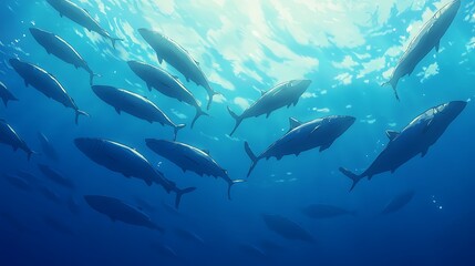 Obraz premium School of Fish Swimming in Blue Ocean Water.