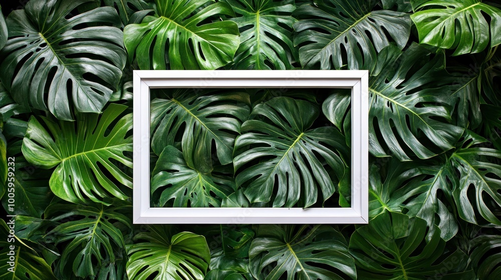 Wall mural A white frame set against a lush backdrop of green tropical leaves.