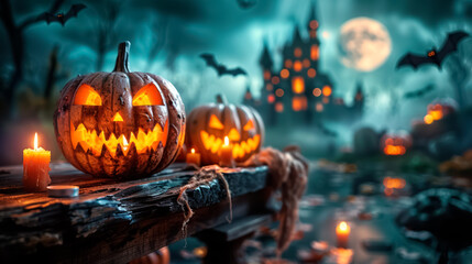 Obraz premium Jack O Lanterns pumpkins and candles on a wooden table