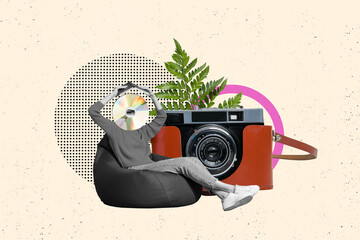 Trend artwork sketch image composite collage of carefree silhouette young lady sit beanbag disc...