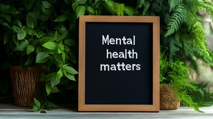 Inspirational Quote on Mental Health Matters in a Wooden Frame Surrounded by Lush Green Plants