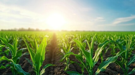 Obraz premium Vibrant cornfield under a bright sun, showcasing the lush growth of plants in a rural landscape during the daytime.