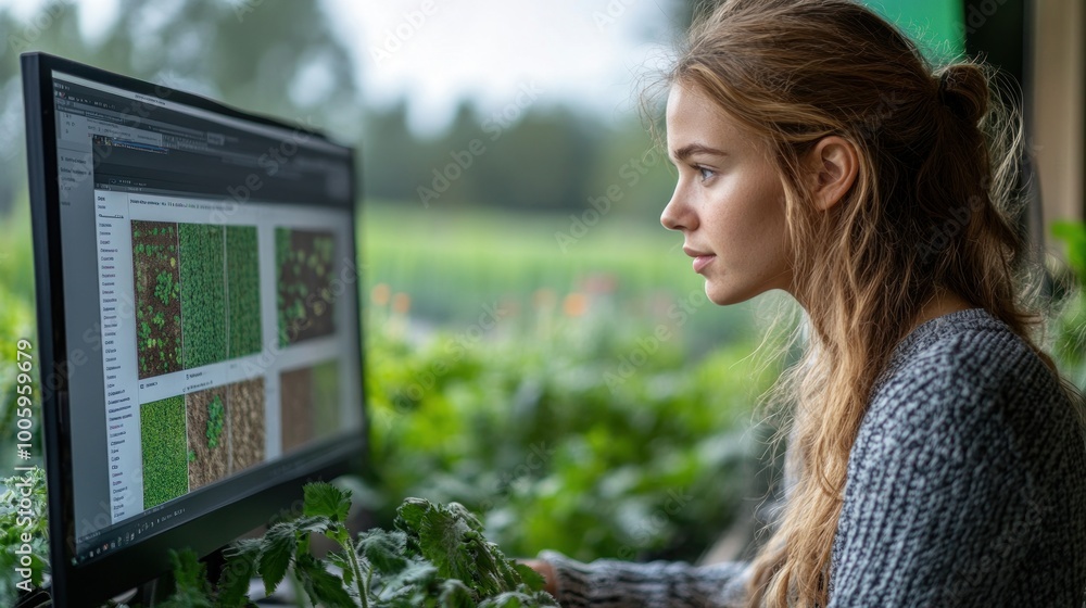 Poster woman working on computer with nature scene in background