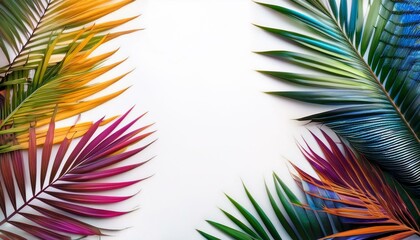 Fototapeta premium palm tree leaves, photo of multicolored palm leaves on the edge with a plain white area in the middle