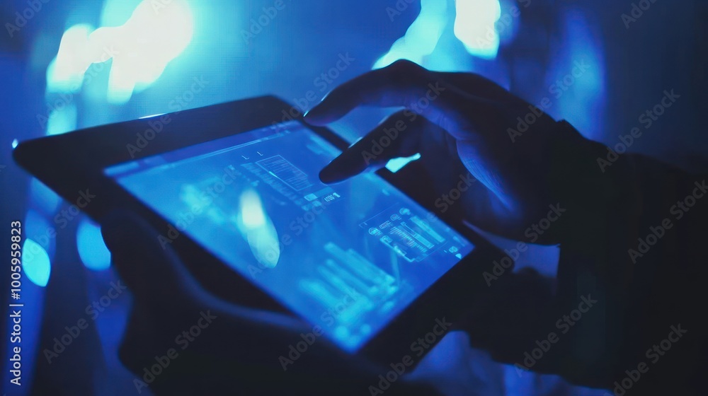 Poster a hand interacting with a tablet displaying digital data in a blue-lit environment.