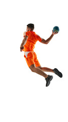 Powerful determined man, handball athlete in orange uniform in motion during game, throwing ball isolated on white background. Concept of sport, active and healthy lifestyle, hobby