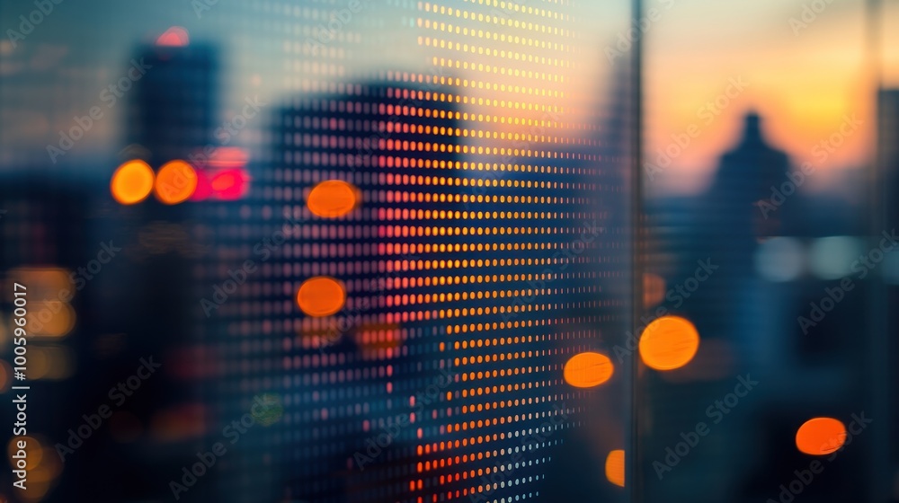 Canvas Prints A blurred cityscape at sunset with illuminated reflections and bokeh lights.