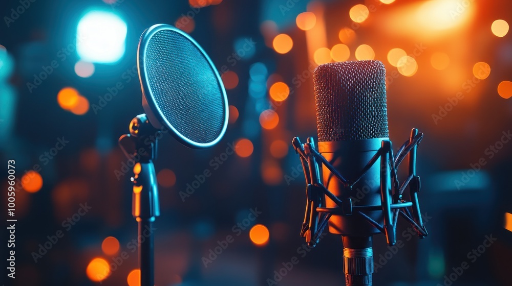 Poster a close-up of a microphone and pop filter in a vibrant, illuminated recording studio.