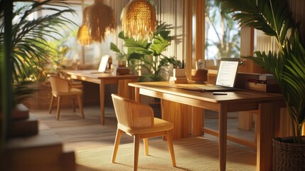 Fototapeta premium A serene workspace with wooden desks, plants, and natural light, promoting productivity and relaxation.