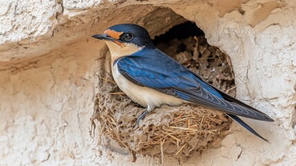 A blue and white bird perched in a nest with natural materials against a textured wall.