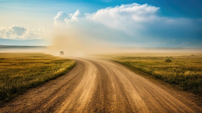 A dirt road winding through a flat, open plain, with dust rising behind a distant vehicle and the wide sky overhead.
