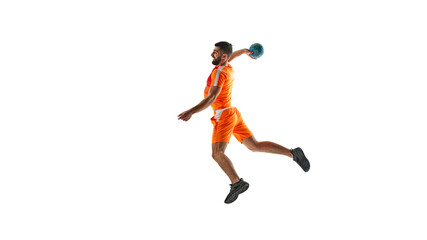 Young athletic woman, handball player in orange uniform in motion, throwing ball, playing isolated on white background. Concept of sport, active and healthy lifestyle, hobby