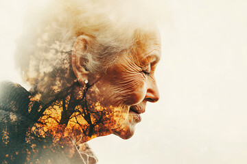 Obraz premium A heartwarming double exposure image of a loving old woman and old man, blending their faces to symbolize the deep bond, tenderness, and lifelong connection they share