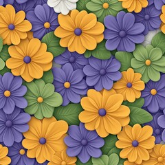 Vibrant floral pattern featuring colorful flowers in purple and orange shades, perfect for spring-themed designs.