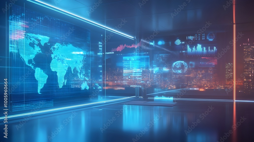Poster sleek corporate office setting featuring a futuristic holographic interface displaying global market