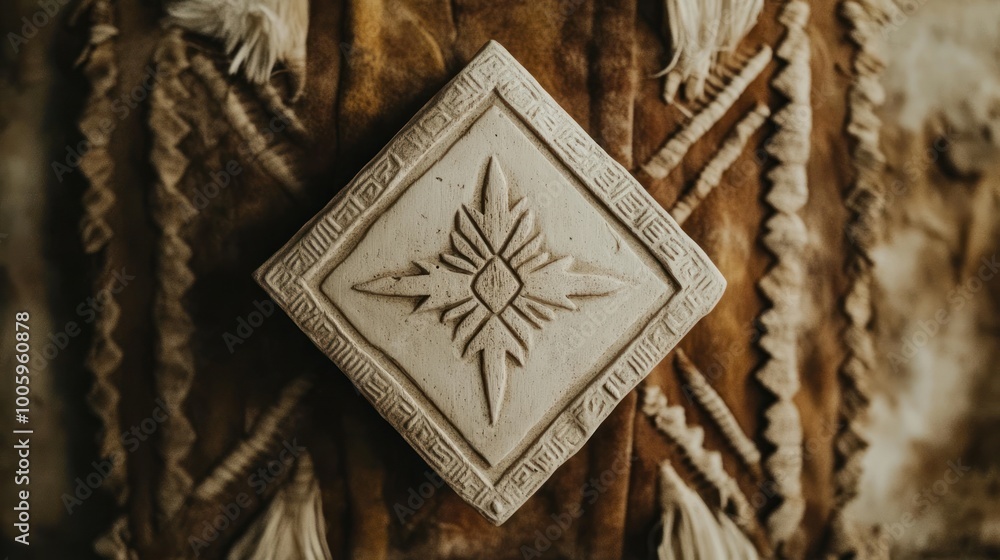 Poster a decorative carved stone with intricate patterns on a textured background.