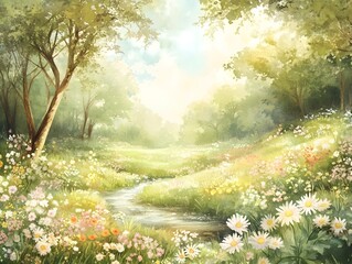 Obraz premium A serene pastel hued meadow with a tranquil stream flowing through delicate floral arrangements dappled sunlight filtering through the trees and a whimsical watercolor inspired aesthetic