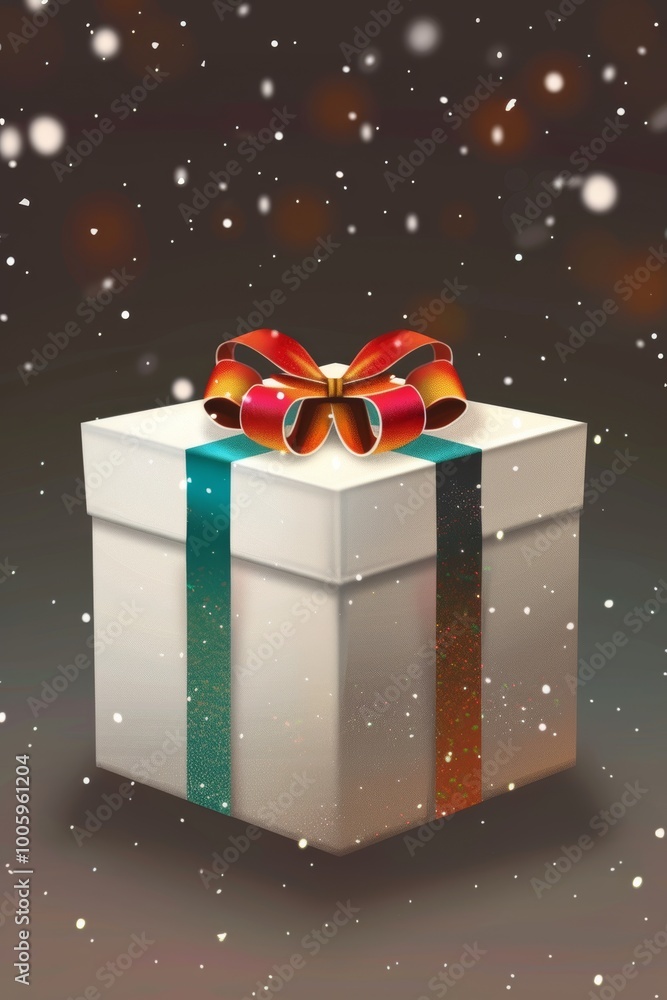 Poster a white box with a red ribbon on top. the box is decorated with a bow and is placed on a dark backgr
