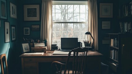 Fototapeta premium A cozy workspace with a desk, computer, and natural light from a nearby window.